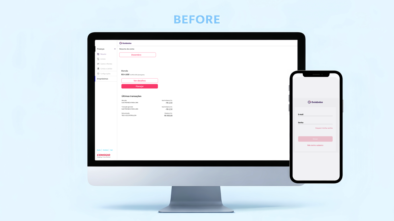 GuiaBolso web, before: sparse layout, inconsistent navigation and weak hierarchy