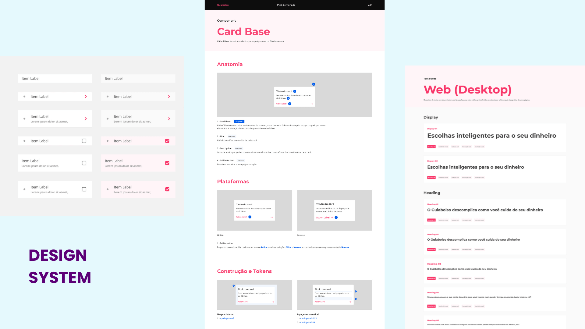 GuiaBolso web design system: components, card anatomy and web type styles
