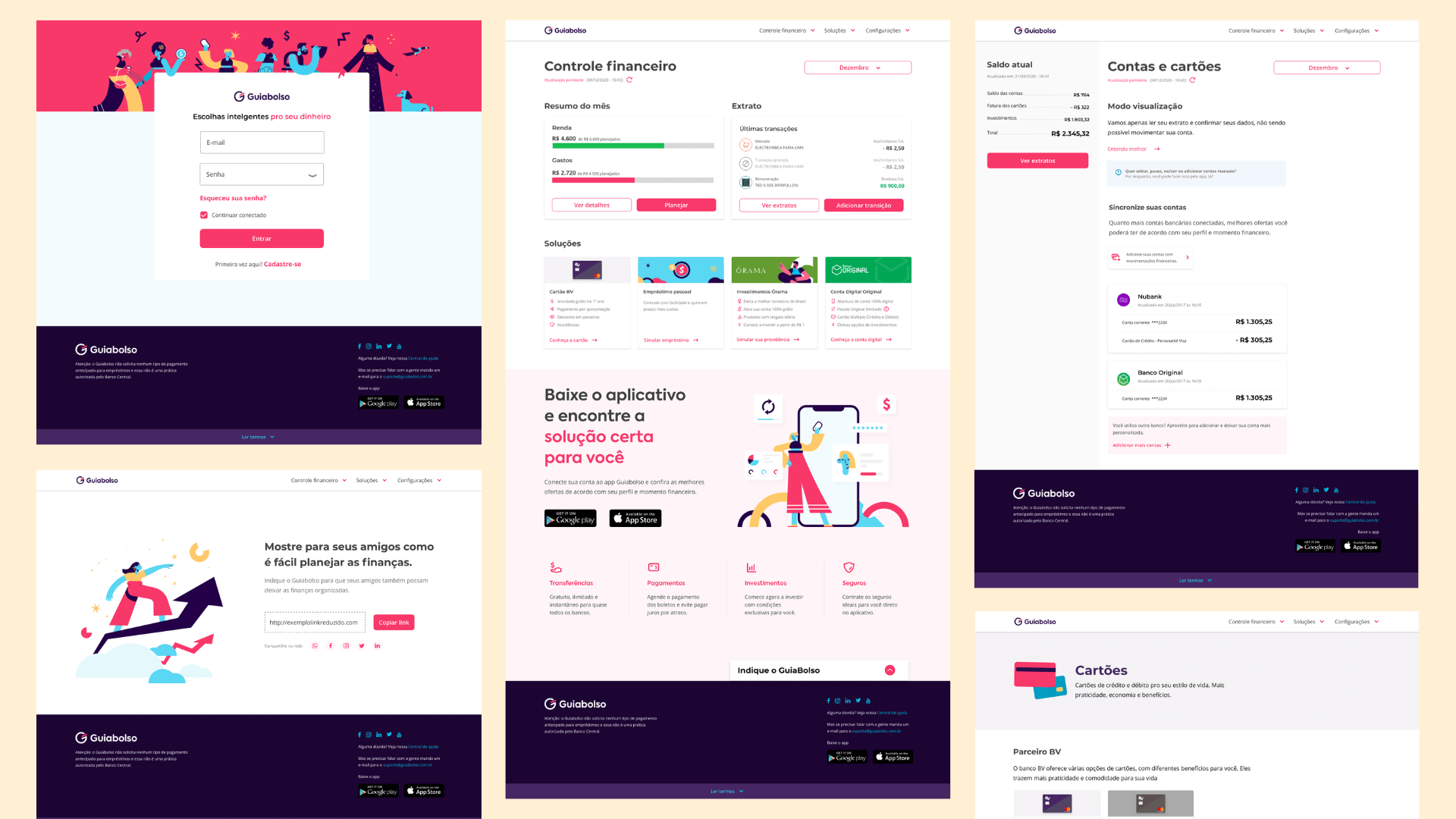 Redesigned GuiaBolso desktop pages: login, Controle Financeiro, accounts and cards