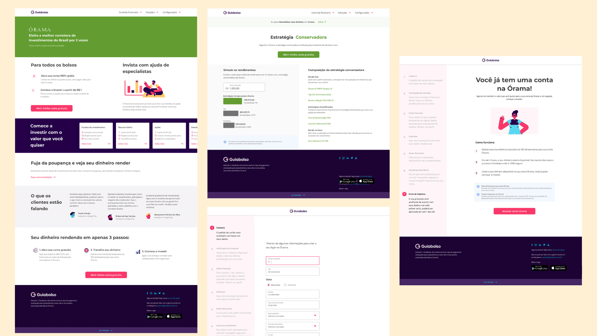 Redesigned GuiaBolso desktop pages: investments, strategy simulation and onboarding